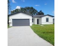 Charming single-story home with a well-manicured lawn, gray accents, and a driveway leading to an attached garage at 915 Alsace Dr, Kissimmee, FL 34759