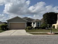 Charming single-story home with a well-maintained lawn, mature landscaping, and an attached two-car garage at 112 Lake Tracy Ct, Haines City, FL 33844