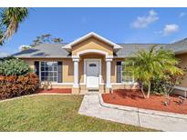 Inviting front entrance featuring decorative columns, a white door, and fresh landscaping around the foundation at 4815 Doc Dr, St Cloud, FL 34771