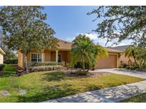 Charming one-story home with a well-maintained front yard, lush landscaping, and a paved driveway leading to a two-car garage at 196 Knoll Wood Dr, Kissimmee, FL 34759