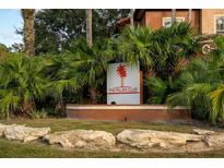 Landscaped entrance to The Palms Club, with a prominent sign surrounded by lush palm trees and decorative rock at 5578 Metrowest Blvd # 11, Orlando, FL 32811