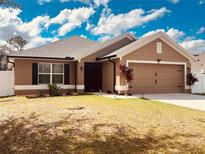 Beautiful single-story home with a well-manicured lawn and a two-car garage at 881 Hudson Valley Dr, Kissimmee, FL 34759