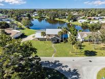 Stunning aerial view of home on a large lot, palm trees, and overlooking a picturesque lake at 4500 Lake Trudy Dr, St Cloud, FL 34769