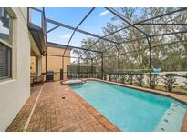 Inviting screened-in pool area featuring a brick patio, spa and a serene backyard view at 1909 Nice Ct, Kissimmee, FL 34747