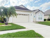 Charming single-story home with a well-manicured lawn, two-car garage, and a palm tree in the front yard at 2577 Aster Cove Ln, Kissimmee, FL 34758