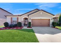 Charming single-Gathering home featuring a well-manicured lawn and a two-car garage with a classic brown door at 5457 Animosh Ct, Polk City, FL 33868