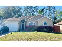 Charming single-story home features a well-manicured lawn and attached two-car garage at 419 Cierra Oaks Cir, Lady Lake, FL 32159