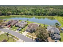 Aerial view of homes near a pond with lush green trees in the background at 5516 Willow Bend Trl, Kissimmee, FL 34758