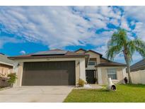 Charming single-Gathering home with a large two-car garage, a palm tree, and solar panels at 2822 Moultrie Creek Dr, Kissimmee, FL 34743