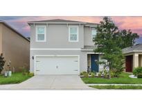 Charming two-story home with a well-manicured lawn and a two-car garage, complete with a decorative front door at 297 Gina Ln, Davenport, FL 33837