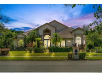 Elegant home showcasing manicured landscaping, lush palm trees, and illuminated lighting at dusk at 8550 Lost Cove Dr, Orlando, FL 32819