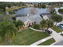 Beautiful single-Gathering home featuring a well-manicured lawn and mature palm trees by a lake at 2631 Eagles Nest Ct, Orlando, FL 32837