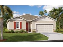 Charming single-story home featuring a two-car garage, red front door and shutters, and well-maintained landscaping at 1039 Wisteria Way, Dundee, FL 33838