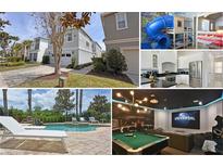 Collage of exterior views, pool, kitchen, bunk beds, and entertainment center showcases different house features at 1057 Castle Pines Ct, Reunion, FL 34747