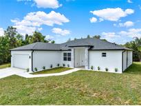 Beautifully landscaped, single-story home featuring a two-car garage and modern gray stone accents at 780 Kangaroo Ct, Deltona, FL 32738