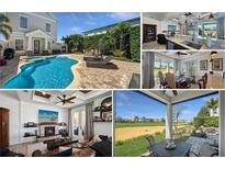 A collage shows a pool, living room with fireplace, kitchen with island, and a golf course view at 1506 Euston Dr, Reunion, FL 34747