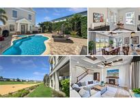 Inviting backyard pool and spa area features a brick patio and lush privacy hedges at 1506 Euston Dr, Reunion, FL 34747
