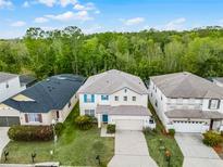 Inviting two-story home with blue shutters, a well-maintained lawn, and a two-car garage at 283 Willow View Dr, Davenport, FL 33896
