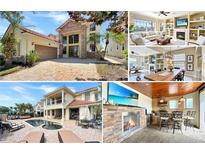 Collage showcasing the home's exterior, living areas with fireplace, and outdoor kitchen area at 1251 Radiant St, Reunion, FL 34747