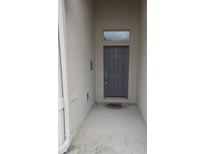 Covered entryway features a gray front door with a transom window and a small porch area at 130 Highland Meadows St, Davenport, FL 33837