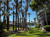 Scenic backyard view with lush lawn and palm trees overlooking a tranquil lake at 664 Lake Villas Dr, Altamonte Springs, FL 32701