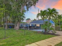 Charming light blue home with lush greenery, a carport, and a chain-link fence at 302 E Drury Ave, Kissimmee, FL 34744