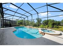 Inviting screened-in pool and spa area with lush greenery at 438 Marcello Blvd, Kissimmee, FL 34746