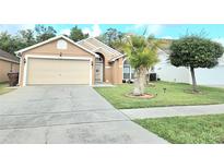 Well-maintained home featuring a manicured lawn, a palm tree, and a two-car garage at 2346 Lily Pad Ln, Kissimmee, FL 34743