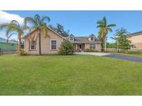 Charming single-story home featuring a lush front lawn and mature palm trees under a bright blue sky at 4885 Meadow Dr, St Cloud, FL 34772