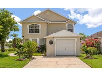 Charming two-story home with a one-car garage, manicured lawn, and vibrant landscaping at 2411 Parsons Pond Cir, Kissimmee, FL 34743