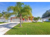 Charming single-story home featuring a well-manicured lawn, a two-car garage, and decorative palm trees at 454 Eagle Dr, Kissimmee, FL 34759