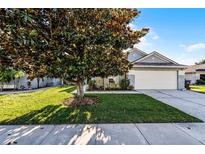 Well-maintained home featuring a lush green lawn, mature tree, and a two-car garage at 11730 Kennington Ct, Orlando, FL 32824