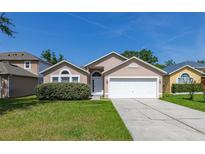 Charming single-story home with a well-manicured lawn, two-car garage, and inviting entryway at 265 Curtis Ave, Groveland, FL 34736