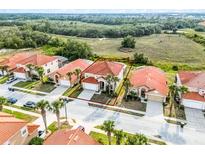 An aerial view showcases a well-maintained home featuring a red tile roof and palm tree landscaping at 321 Rosso Dr, Davenport, FL 33837