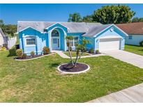 Charming blue single-story home with landscaped front yard and inviting curb appeal on a sunny day at 3893 Blackberry Cir, St Cloud, FL 34769
