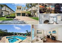 A collage of this property's highlights: Exterior, Home Theater, Bunk Room, Game Room, and a relaxing Pool area at 1228 Castle Pines Ct, Reunion, FL 34747
