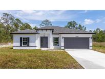Charming single-story home featuring a gray roof, a gray garage door, and black trim around the white exterior at 2580 Gallardia Dr, Lake Wales, FL 33898