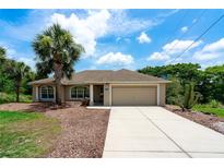 Charming single-story home with a two-car garage, complimented by Florida palm trees and well-kept landscaping at 2063 E Prairie Cir, Deltona, FL 32725