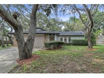 Charming single-story home with stone accents, a lush yard, and mature trees providing shade at 9905 Nicoma Ln, Orlando, FL 32817