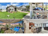 Beautiful home exterior showing stone accents, lush landscaping, and a well-maintained lawn under a sunny sky at 148 Whirlaway Dr, Davenport, FL 33837