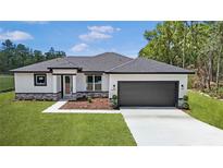 New construction home features a two-car garage, stylish accents, verdant lawn, and easy-to-maintain landscaping at 4528 Sw 149Th St, Ocala, FL 34473