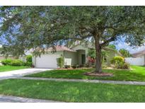Home's front yard showcases lush green grass, a mature tree, and a clean sidewalk and driveway at 14287 E Weymouth Run, Orlando, FL 32828