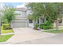 Charming gray two-story home featuring a two-car garage and a cozy front porch with well-maintained landscaping at 6808 Goldflower Ave, Harmony, FL 34773