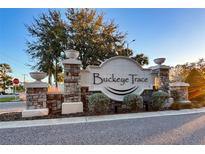 Stone pillars flank the Buckeye Trace community sign, complemented by landscaped greenery and a bright blue sky at 1383 Buckeye Trace Blvd, Winter Haven, FL 33881