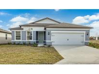 Newly constructed home with gray exterior, two car garage, and landscaped lawn at 6843 Sw 90Th Loop, Ocala, FL 34476