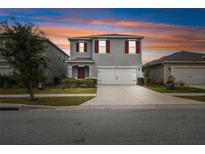 Two-story house with gray siding, red shutters, and a two-car garage at 459 Lily Ln, Davenport, FL 33837