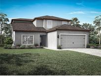 Charming two-story home with a two-car garage, gray stucco and siding, and a well-maintained lawn and landscaping at 13462 Leaping Water Way, Astatula, FL 34705