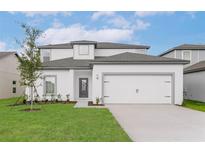 Charming two-story home featuring a well-manicured lawn and a two-car garage at 13477 Leaping Water Way, Astatula, FL 34705