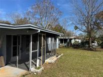 Cozy backyard featuring a screened porch with a concrete patio and a lush lawn surrounded by mature trees at 1224 10Th St, Holly Hill, FL 32117