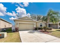 Tan house with two-car garage, landscaping, and a palm tree at 3723 Madbury Cir, Lakeland, FL 33810